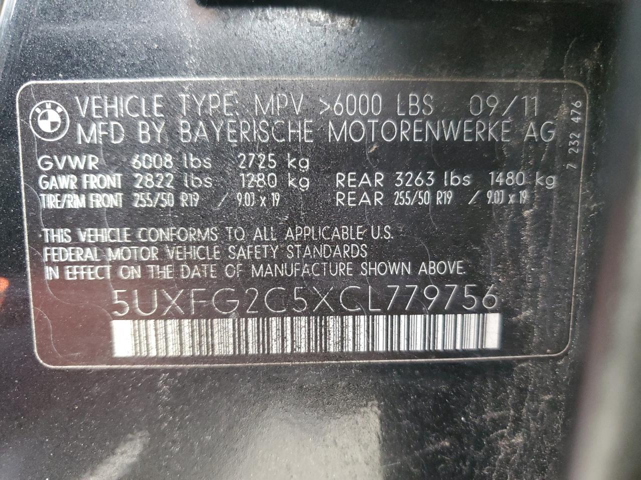 2012 BMW X6 xDrive35I VIN: 5UXFG2C5XCL779756 Lot: 78248984