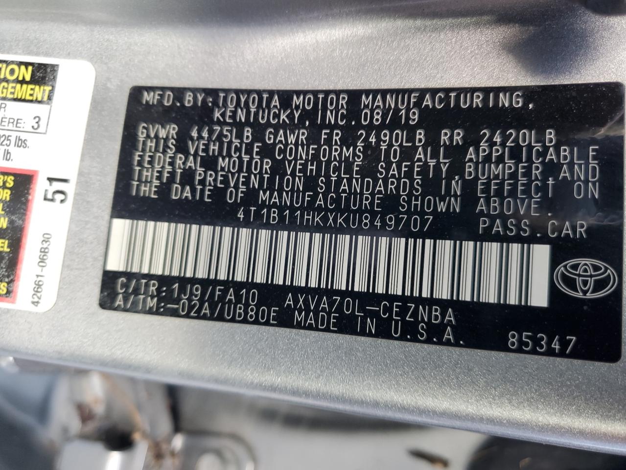 4T1B11HKXKU849707 2019 TOYOTA CAMRY - Image 13