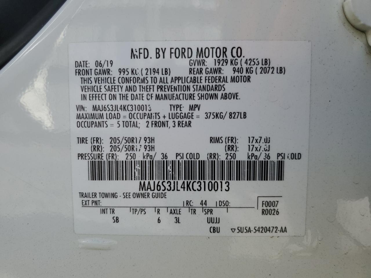 MAJ6S3JL4KC310013 2019 Ford Ecosport Ses