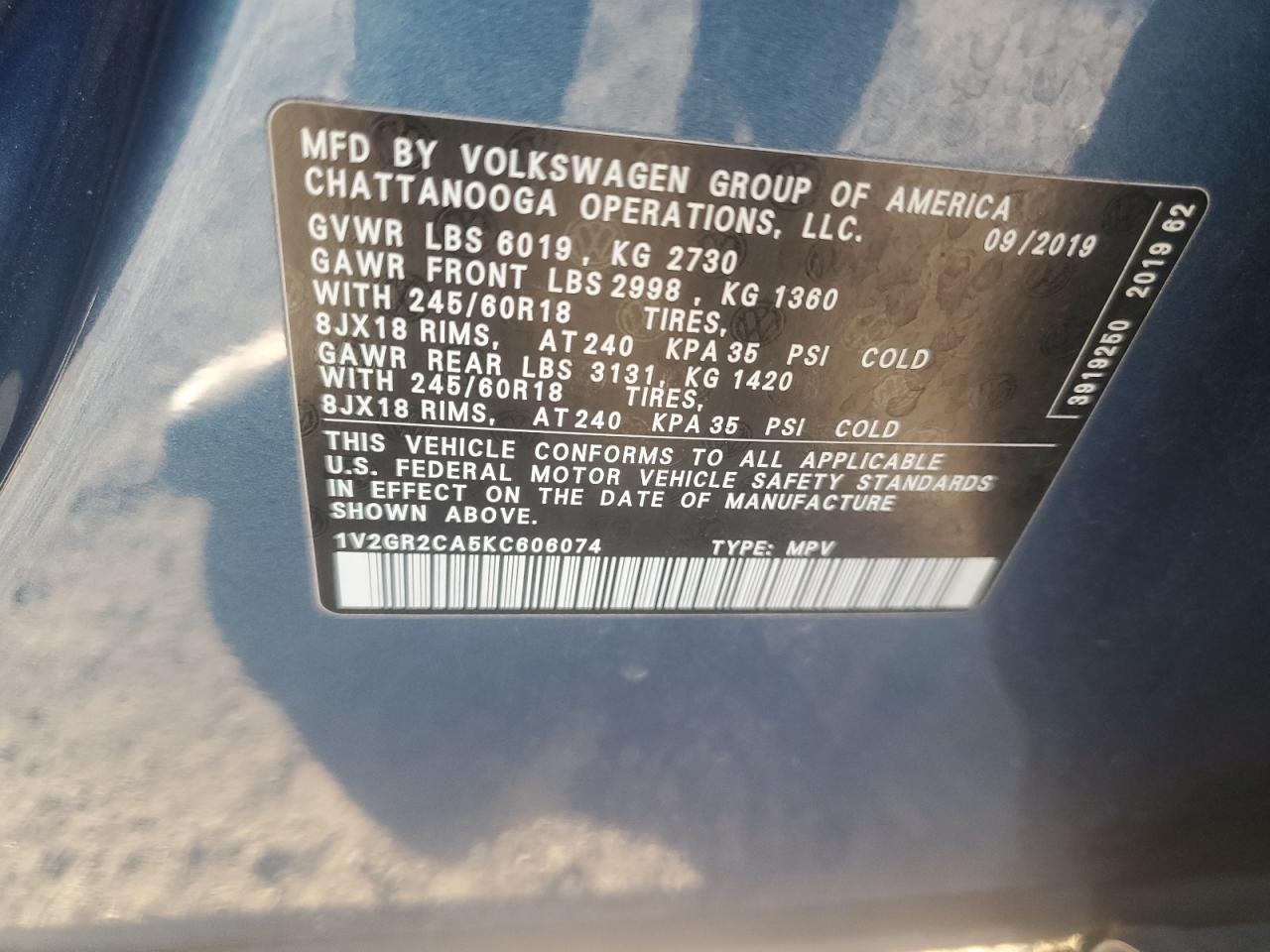 2019 Volkswagen Atlas S VIN: 1V2GR2CA5KC606074 Lot: 75398024