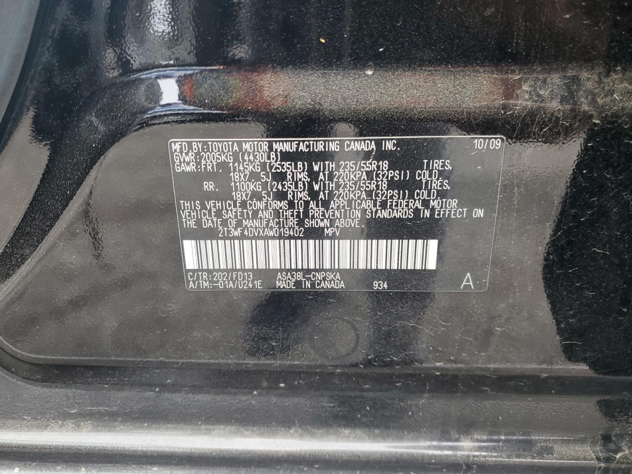 2010 Toyota Rav4 Sport VIN: 2T3WF4DVXAW019402 Lot: 74854524