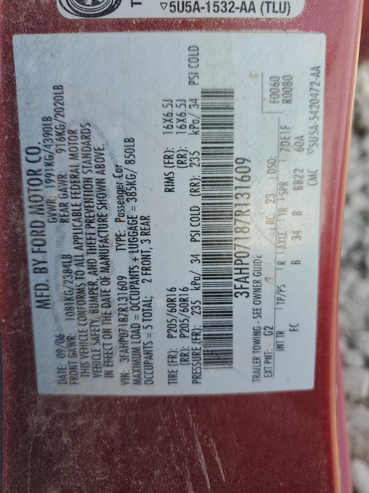 2007 Ford Fusion Se VIN: 3FAHP07187R131609 Lot: 79674294