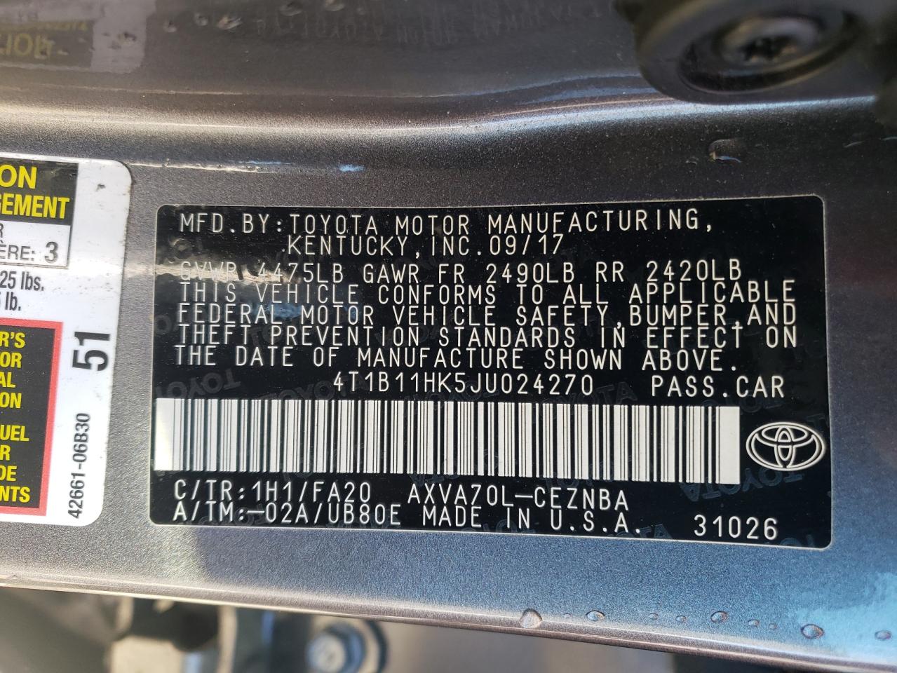 4T1B11HK5JU024270 2018 Toyota Camry L