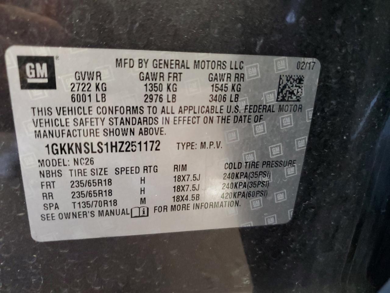 1GKKNSLS1HZ251172 2017 GMC Acadia Sle