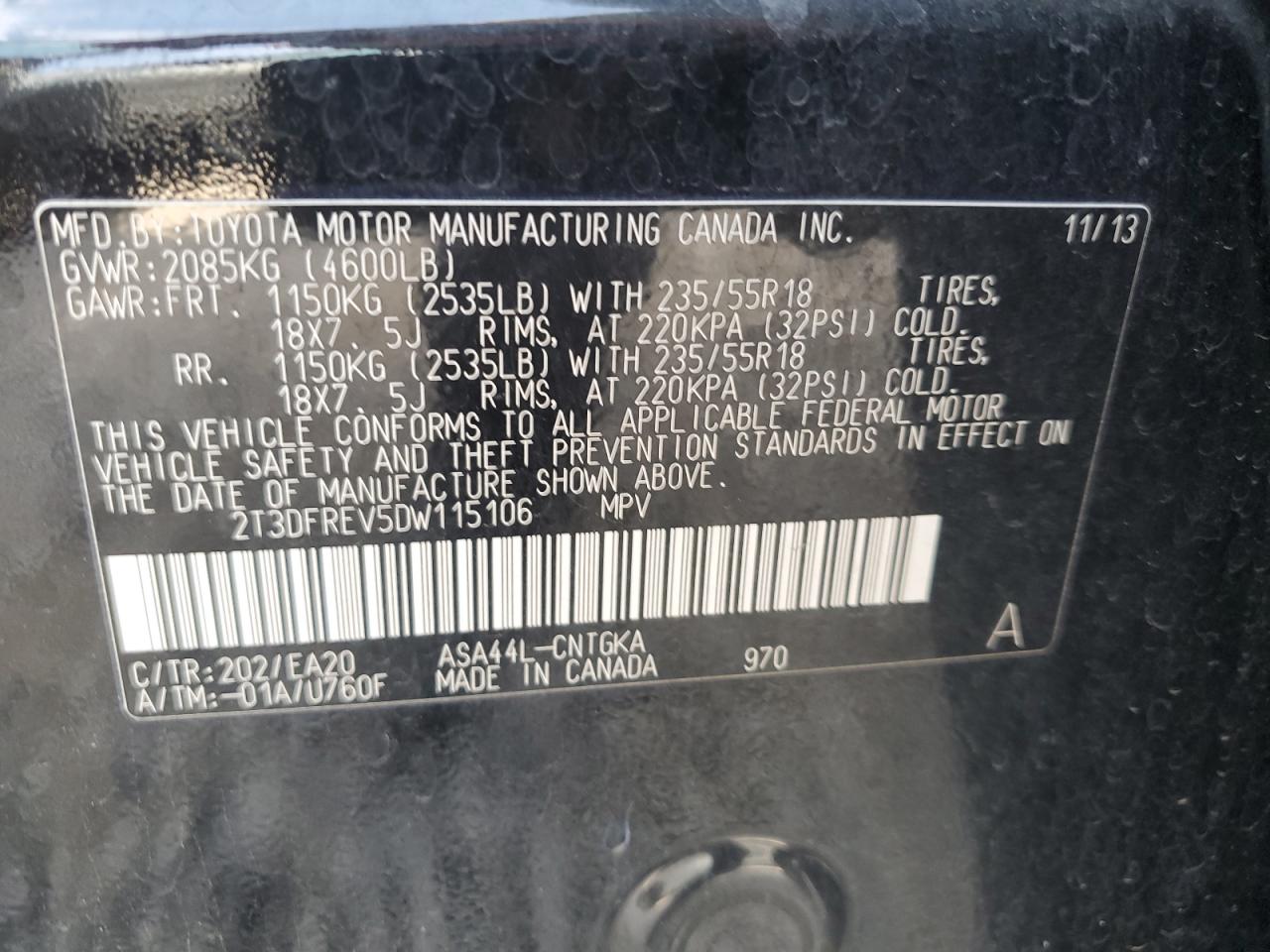 2T3DFREV5DW115106 2013 Toyota Rav4 Limited