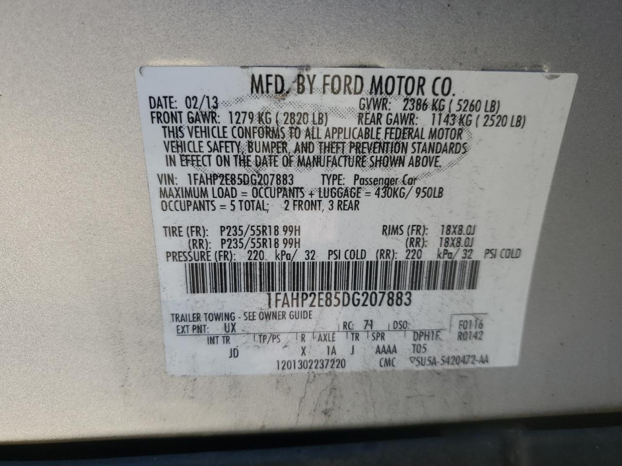 2013 Ford Taurus Sel VIN: 1FAHP2E85DG207883 Lot: 76230714