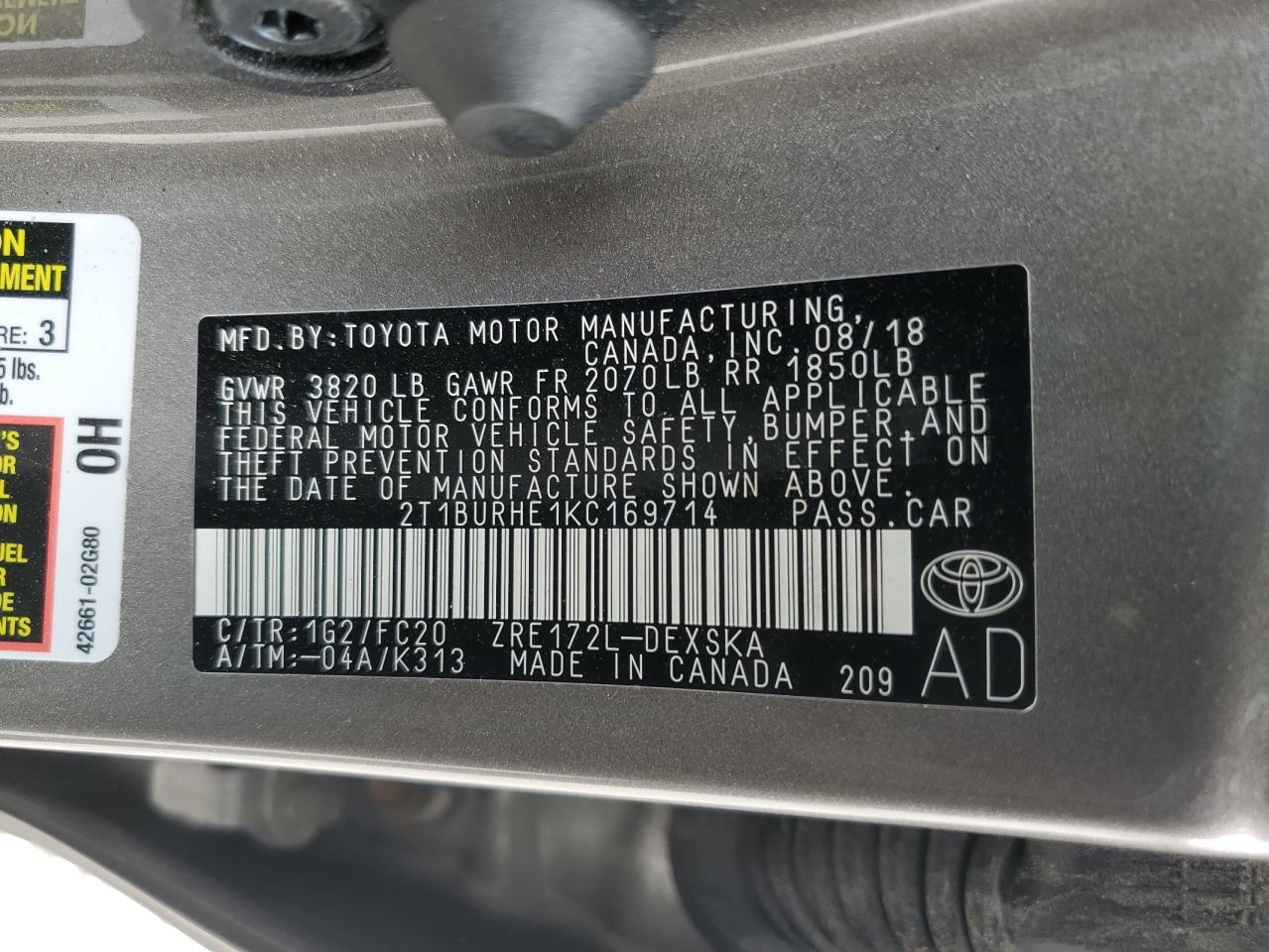 2T1BURHE1KC169714 2019 TOYOTA COROLLA - Image 13