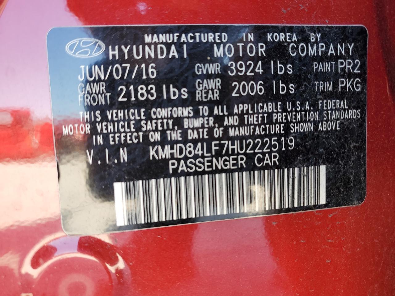 KMHD84LF7HU222519 2017 Hyundai Elantra Se