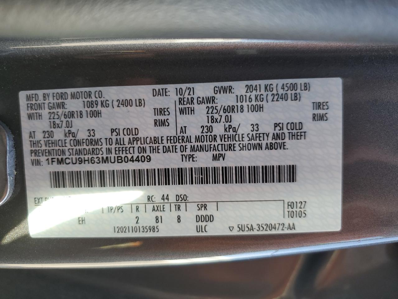 2021 Ford Escape Sel VIN: 1FMCU9H63MUB04409 Lot: 76422454