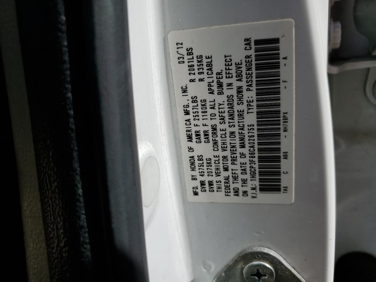 1HGCP3F86CA026755 2012 Honda Accord Exl