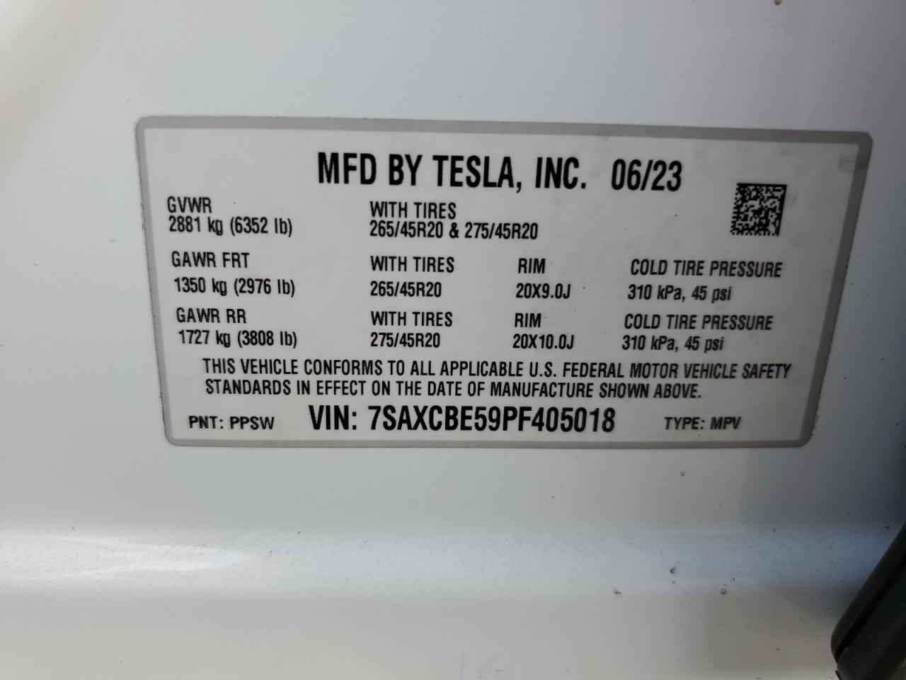 2023 Tesla Model X VIN: 7SAXCBE59PF405018 Lot: 74395304