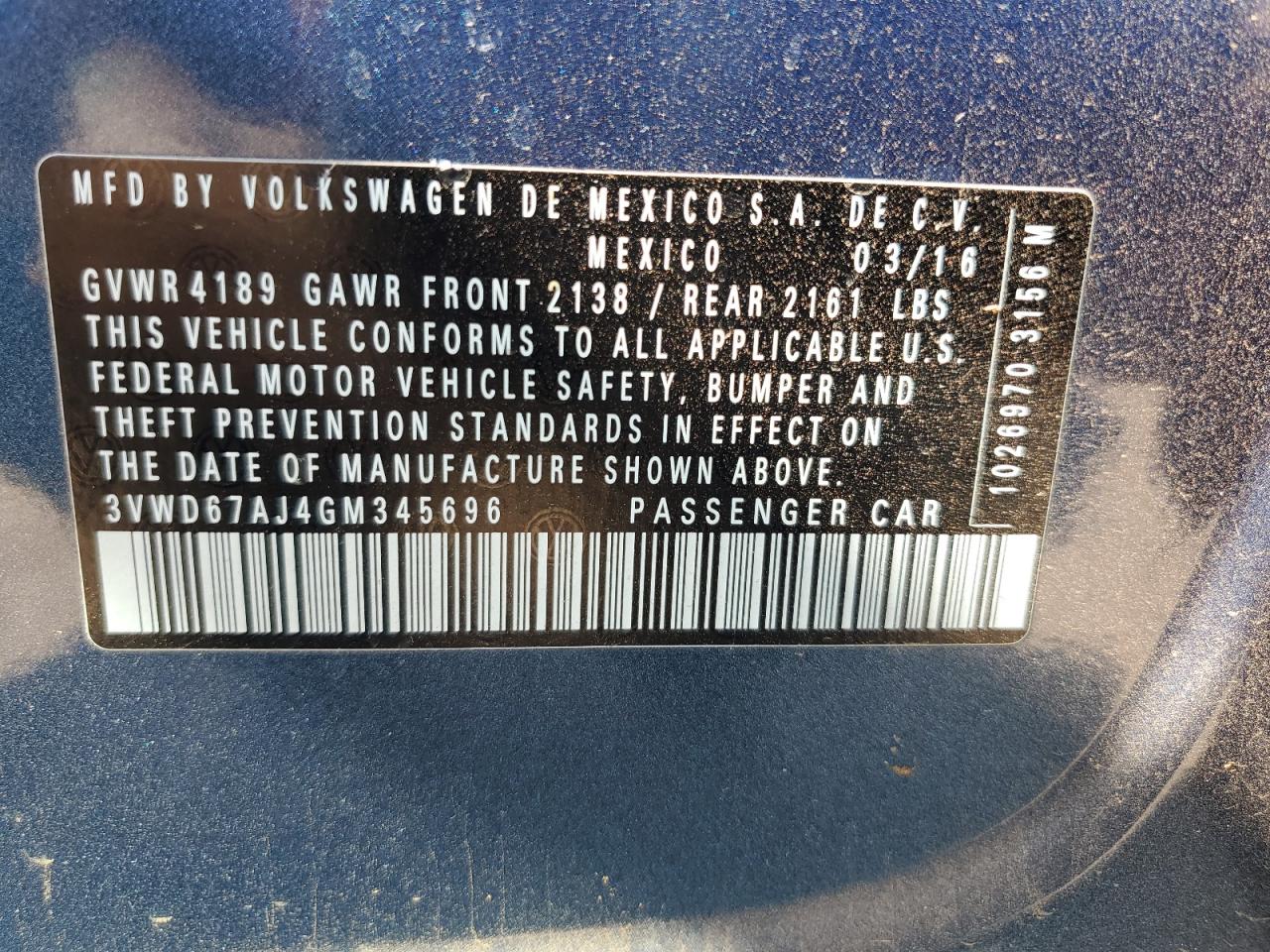 2016 Volkswagen Jetta Se VIN: 3VWD67AJ4GM345696 Lot: 88541005