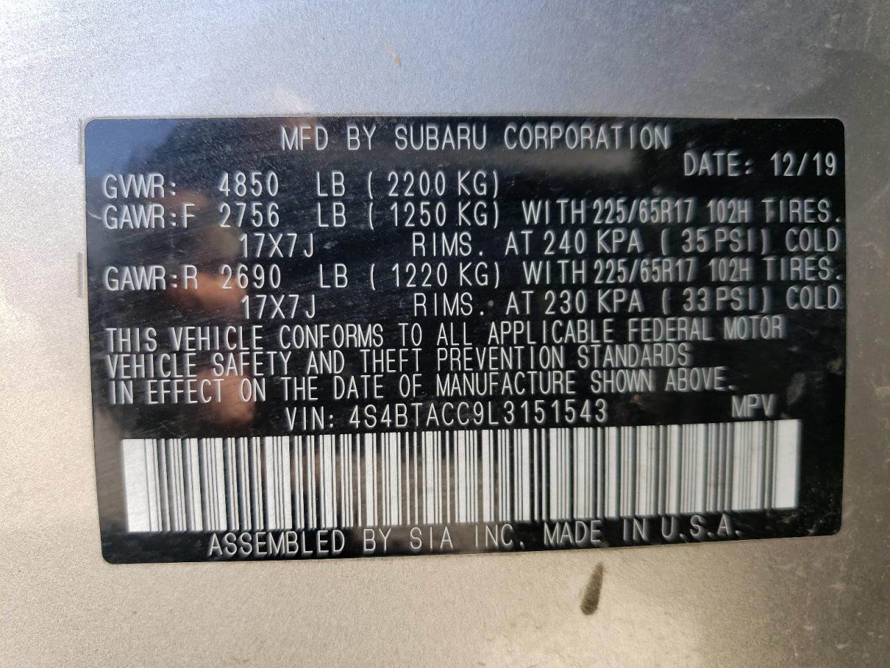 2020 Subaru Outback Premium VIN: 4S4BTACC9L3151543 Lot: 73610864