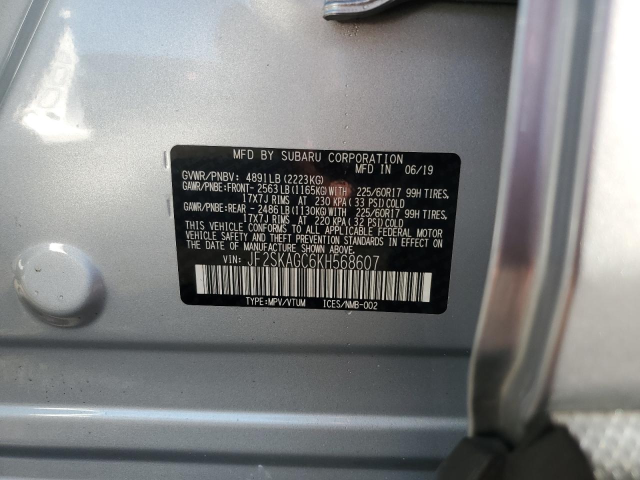 JF2SKAGC6KH568607 2019 Subaru Forester Premium