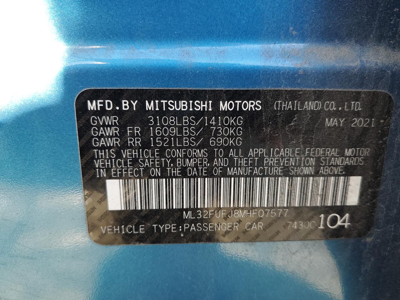 2021 Mitsubishi Mirage G4 Es VIN: ML32FUFJ8MHF07577 Lot: 74627654