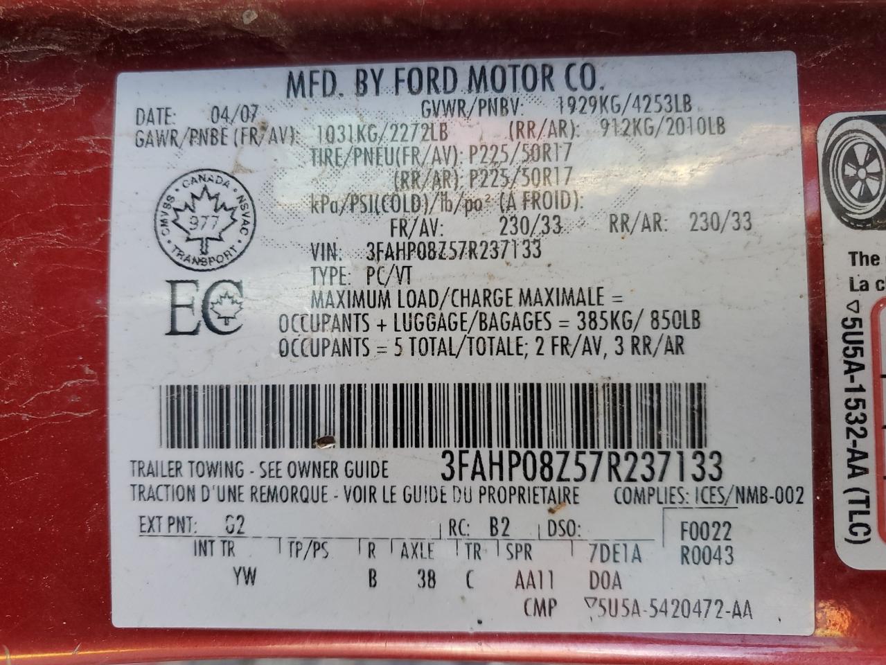 2007 Ford Fusion Sel VIN: 3FAHP08Z57R237133 Lot: 75322084