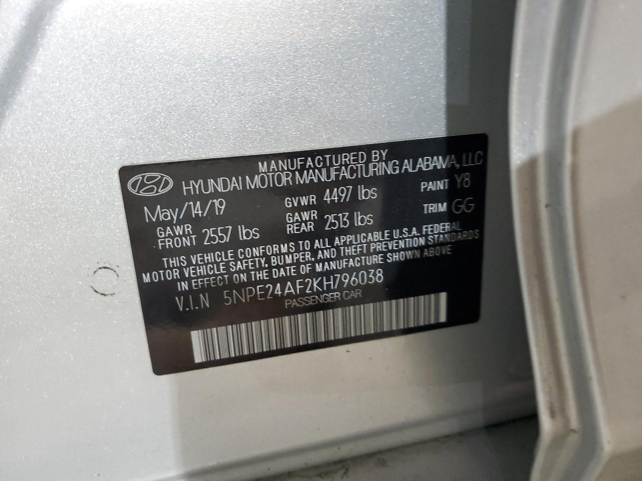 VIN 5NPE24AF2KH796038 2019 HYUNDAI SONATA no.12