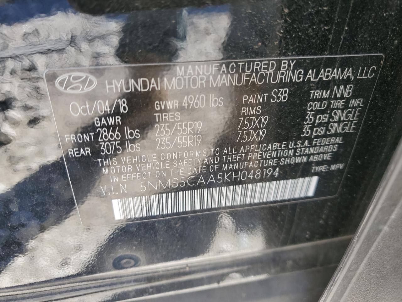 5NMS5CAA5KH048194 2019 Hyundai Santa Fe Limited