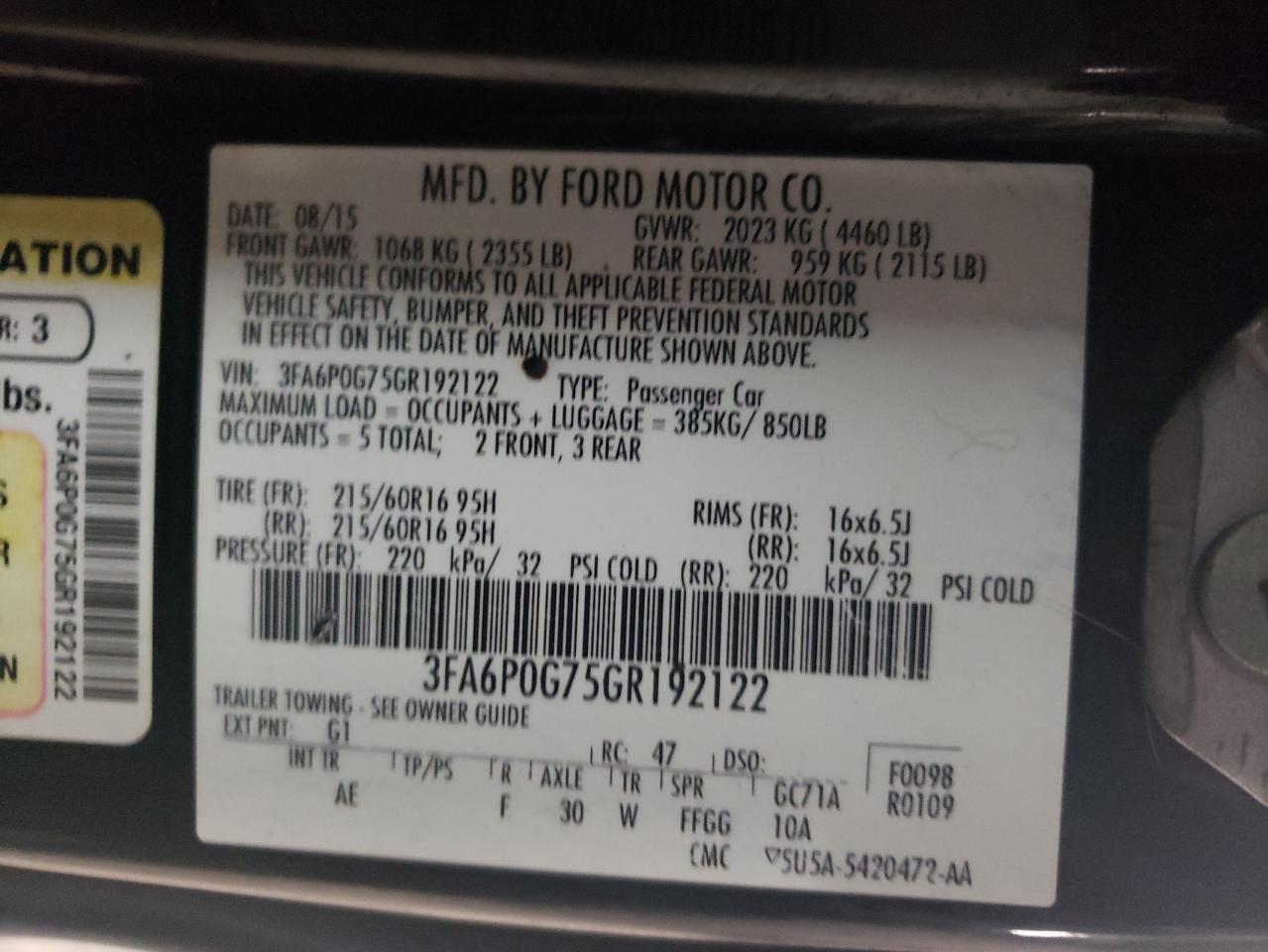 2016 Ford Fusion S VIN: 3FA6P0G75GR192122 Lot: 77195054