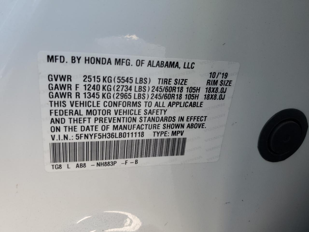 5FNYF5H36LB011118 2020 Honda Pilot Ex