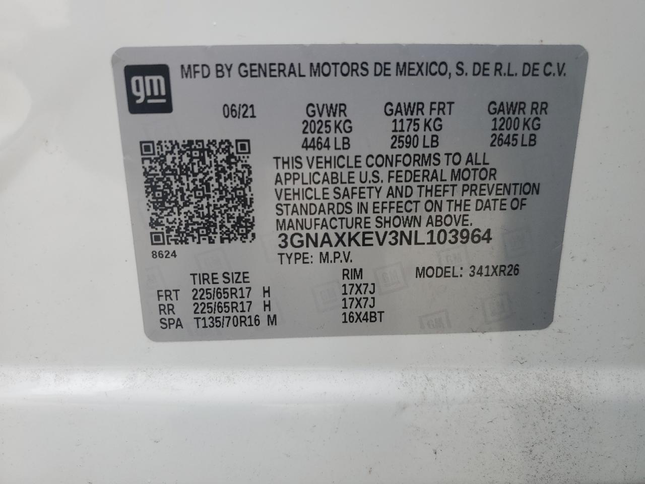 3GNAXKEV3NL103964 2022 Chevrolet Equinox Lt