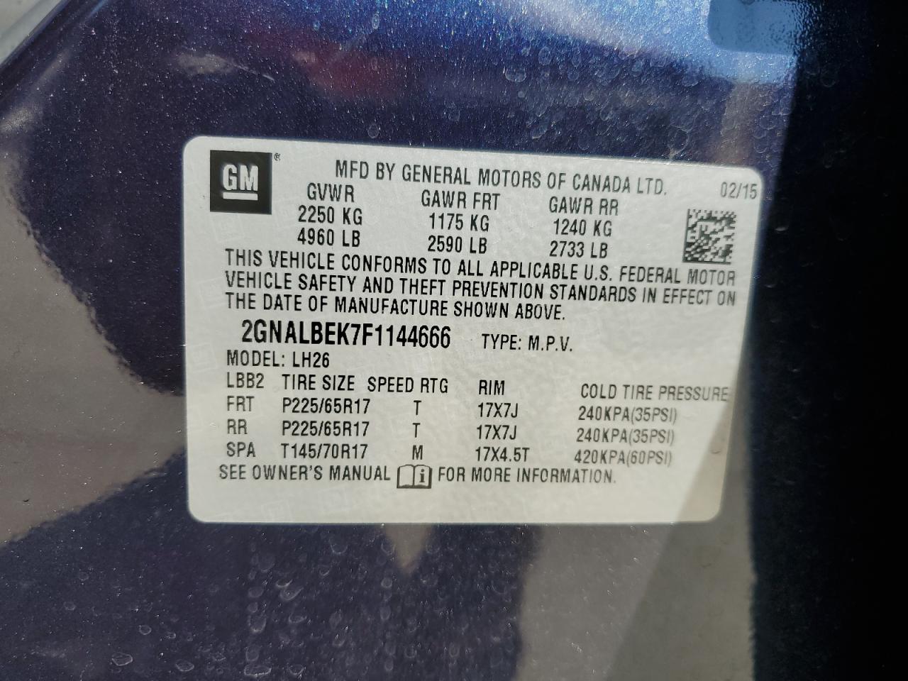 2GNALBEK7F1144666 2015 Chevrolet Equinox Lt