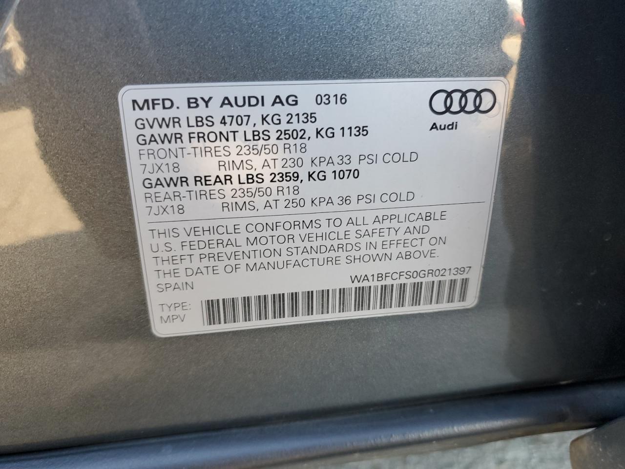 2016 Audi Q3 Premium Plus VIN: WA1BFCFS0GR021397 Lot: 77219444