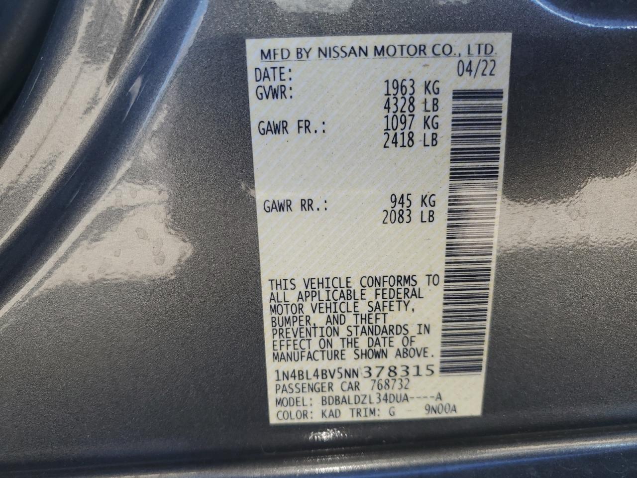 1N4BL4BV5NN378315 2022 Nissan Altima S