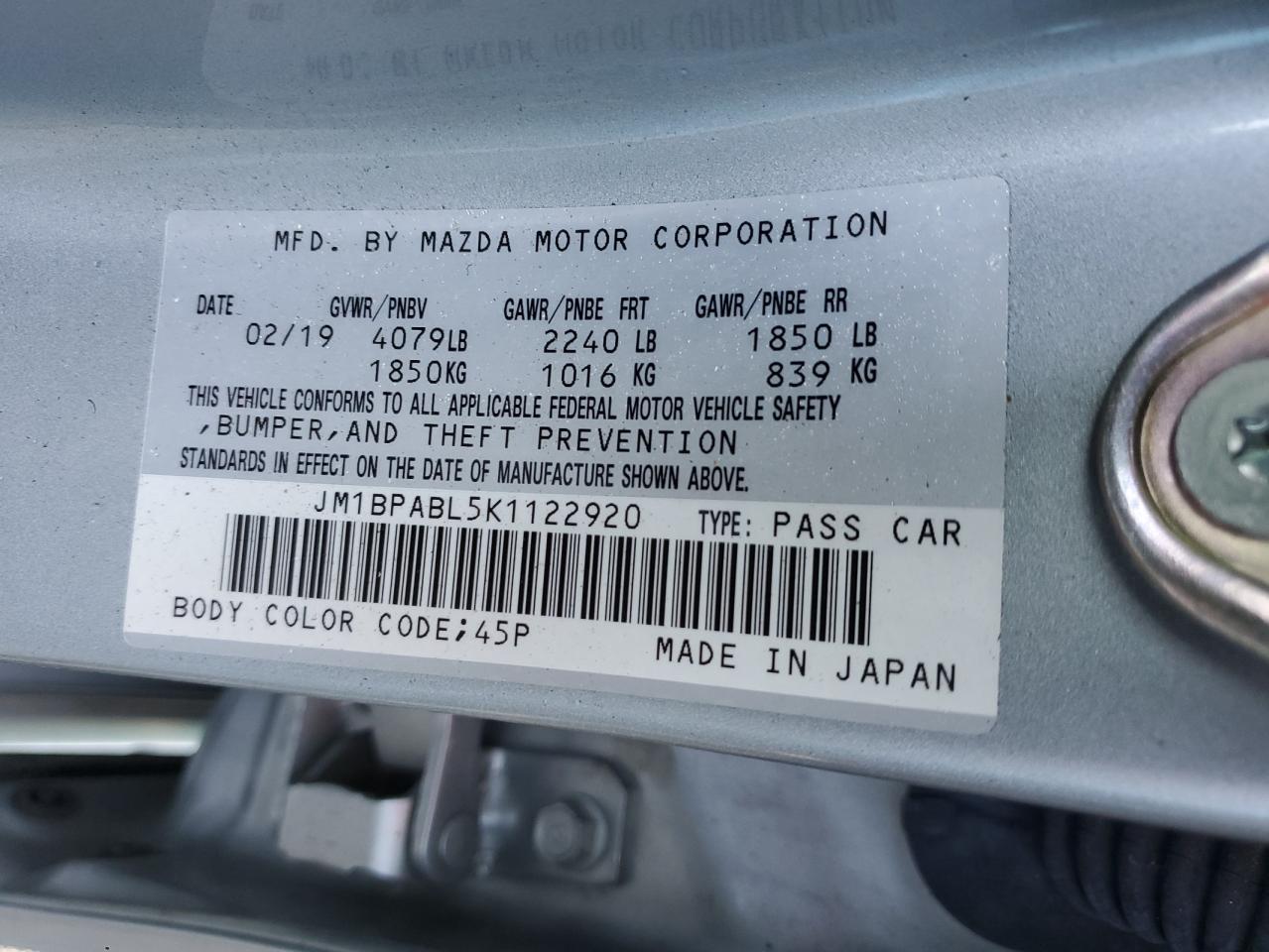 JM1BPABL5K1122920 2019 Mazda 3