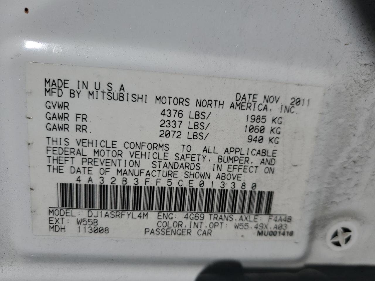 4A32B3FF5CE013380 2012 Mitsubishi Galant Es