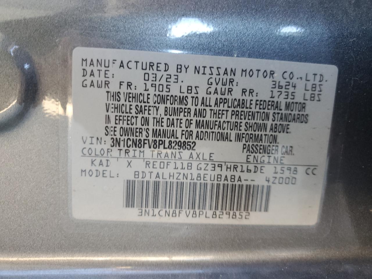 2023 Nissan Versa Sr VIN: 3N1CN8FV8PL829852 Lot: 75929364