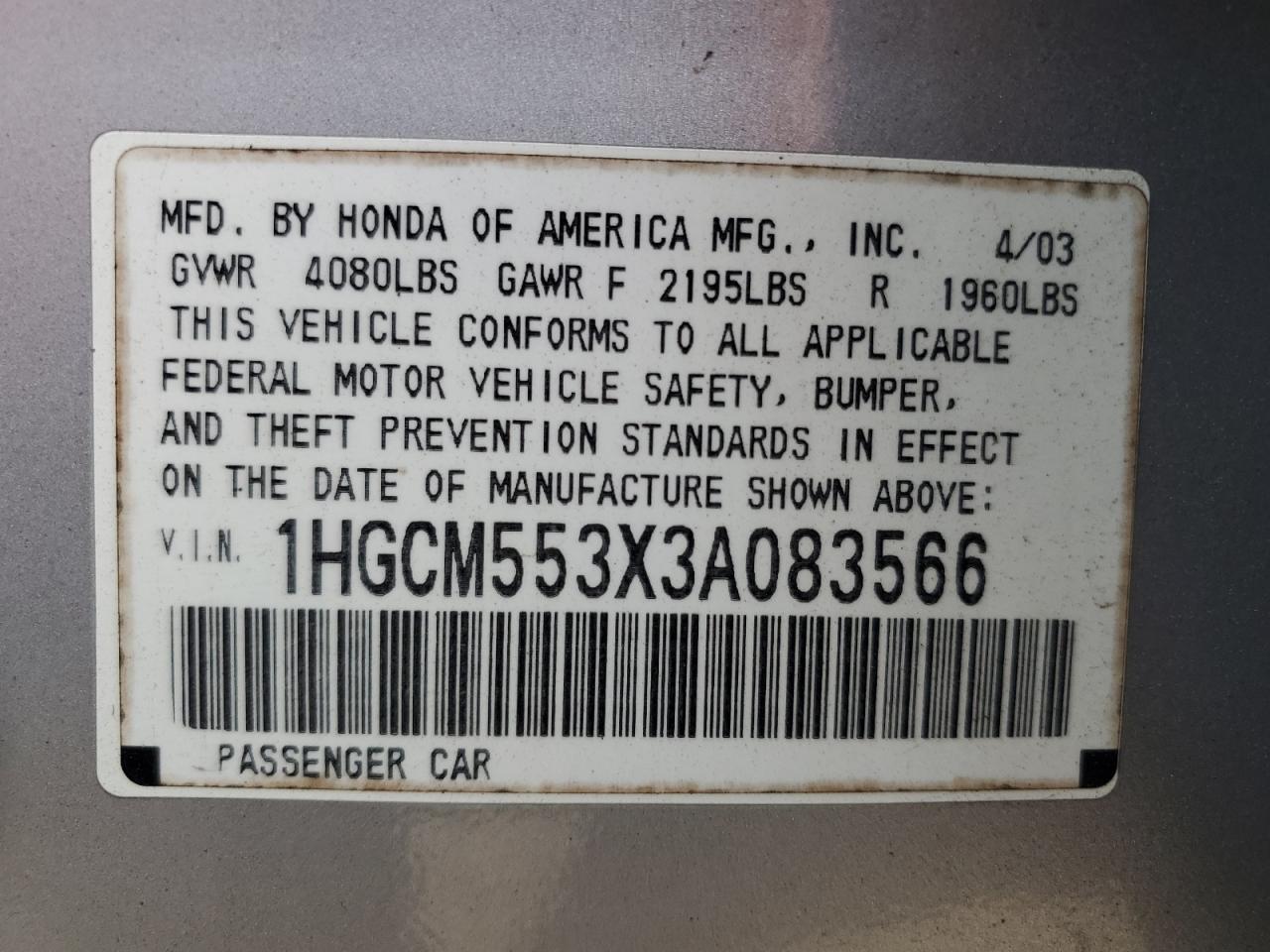 2003 Honda Accord Lx VIN: 1HGCM553X3A083566 Lot: 76156154