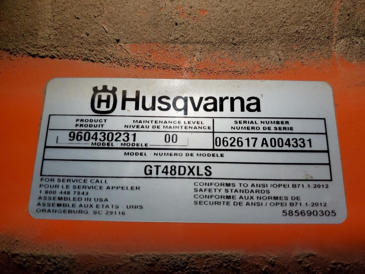 2012 Husqvarna Lawnmower VIN: 062617A004331 Lot: 72819144