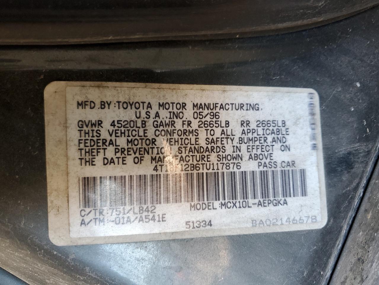 1996 Toyota Avalon Xl VIN: 4T1BF12B6TU117876 Lot: 74376384