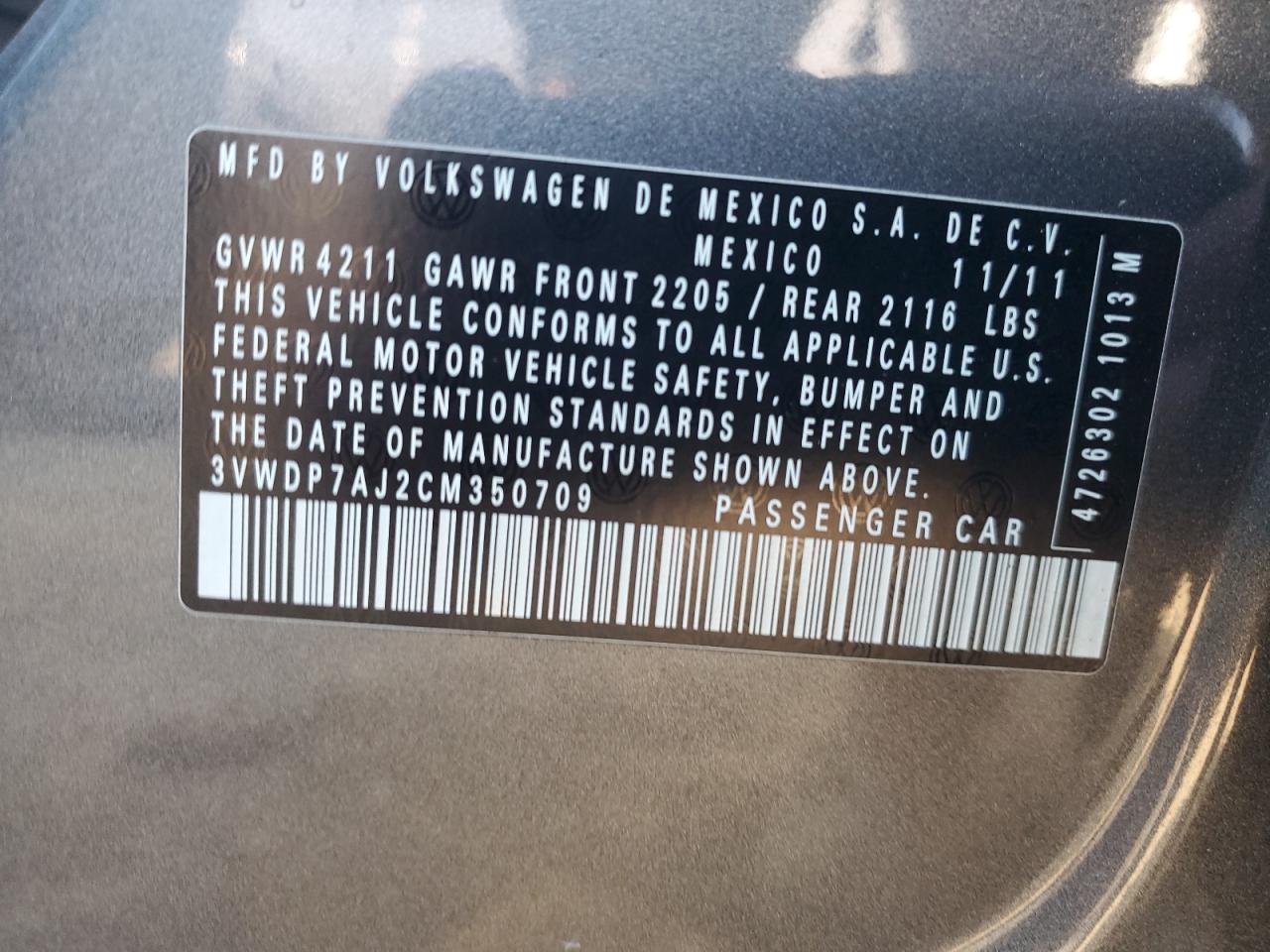 2012 Volkswagen Jetta Se VIN: 3VWDP7AJ2CM350709 Lot: 73669074