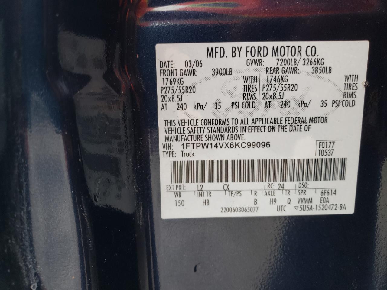 2006 Ford F150 Supercrew VIN: 1FTPW14VX6KC99096 Lot: 74743844