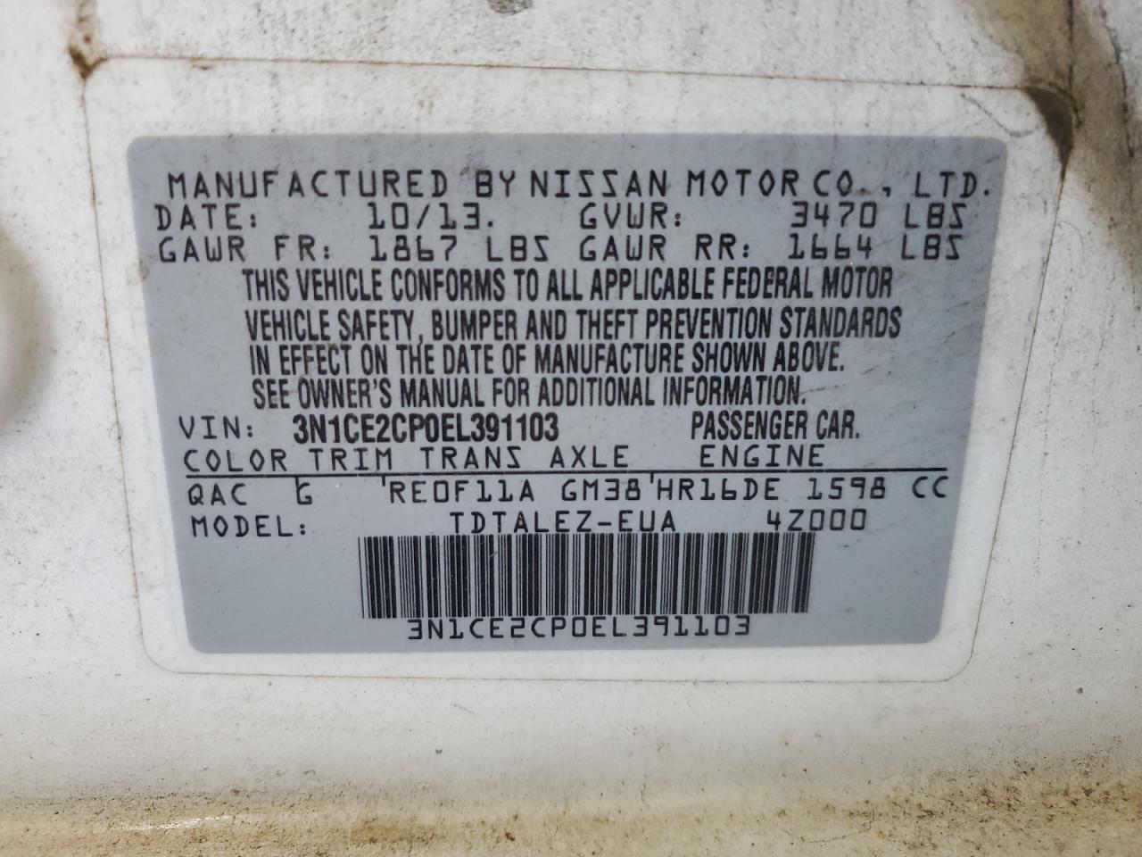 VIN 3N1CE2CP0EL391103 2014 NISSAN VERSA no.13