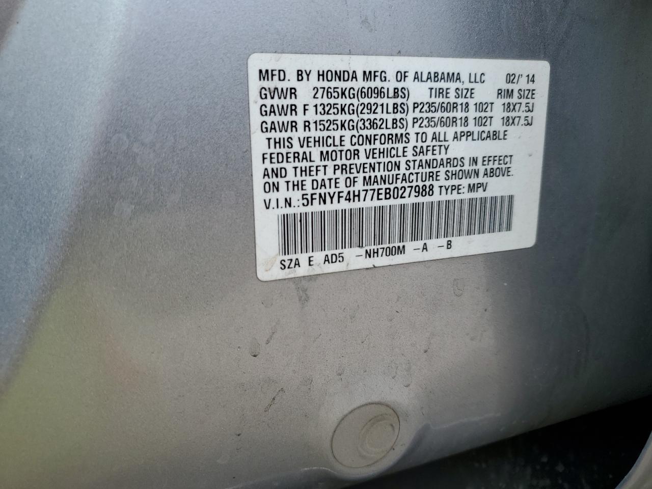 2014 Honda Pilot Exln VIN: 5FNYF4H77EB027988 Lot: 75243514