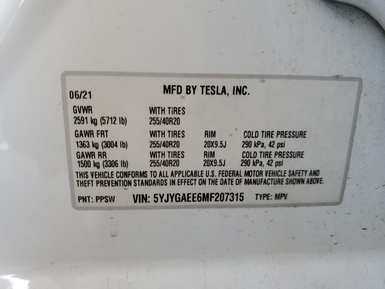 2021 Tesla Model Y VIN: 5YJYGAEE6MF207315 Lot: 73968184