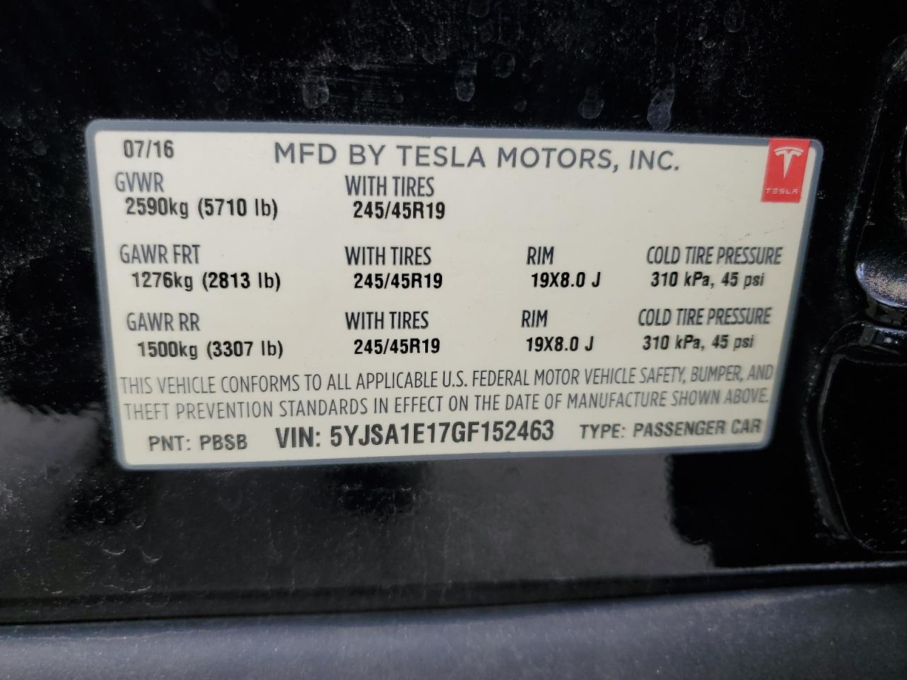 2016 Tesla Model S VIN: 5YJSA1E17GF152463 Lot: 78105564