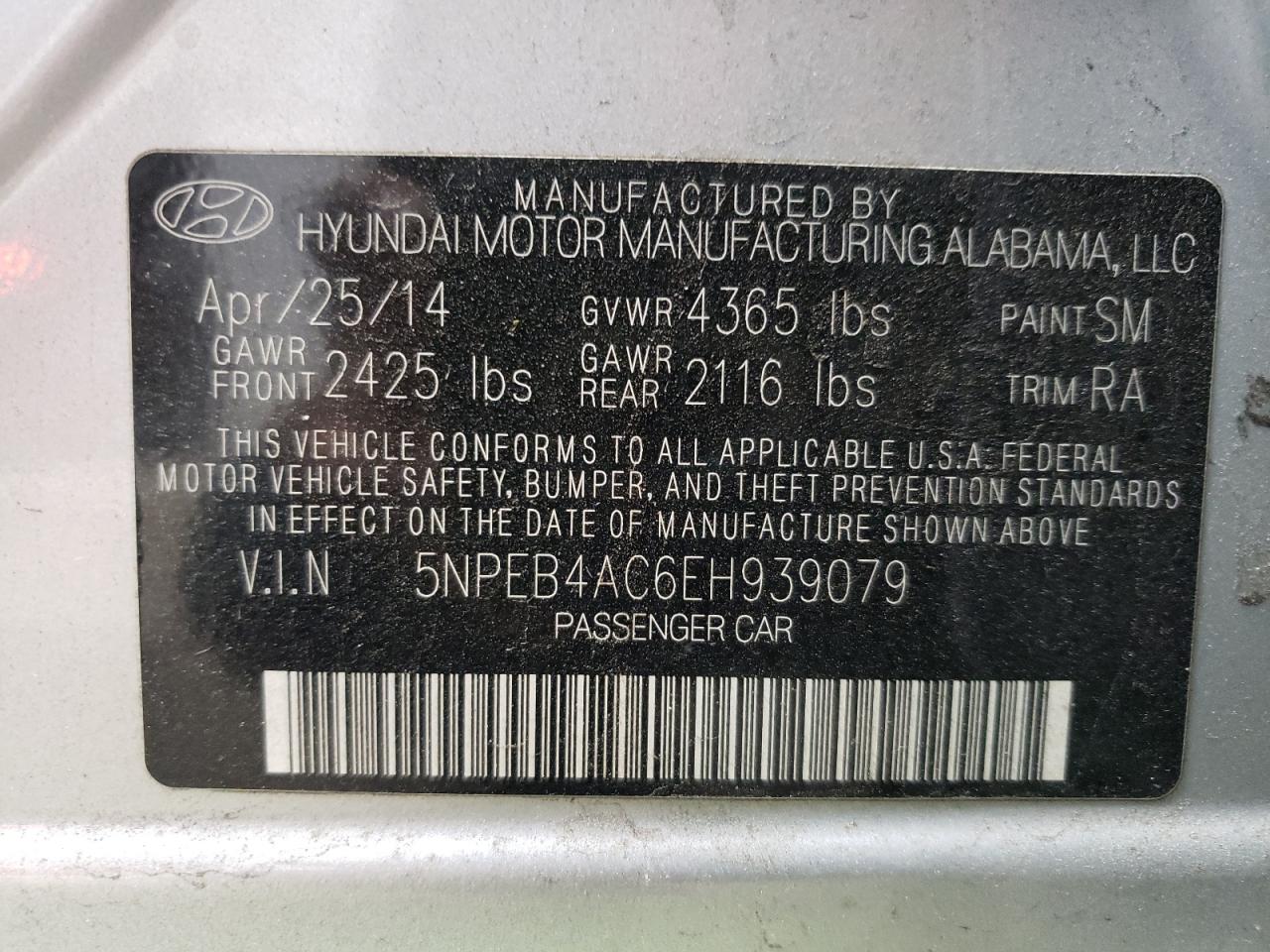 5NPEB4AC6EH939079 2014 Hyundai Sonata Gls