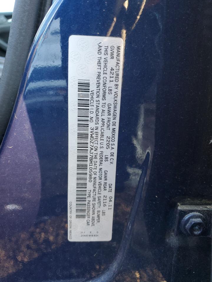 2011 Volkswagen Jetta Se VIN: 3VWDZ7AJ7BM105980 Lot: 71566034