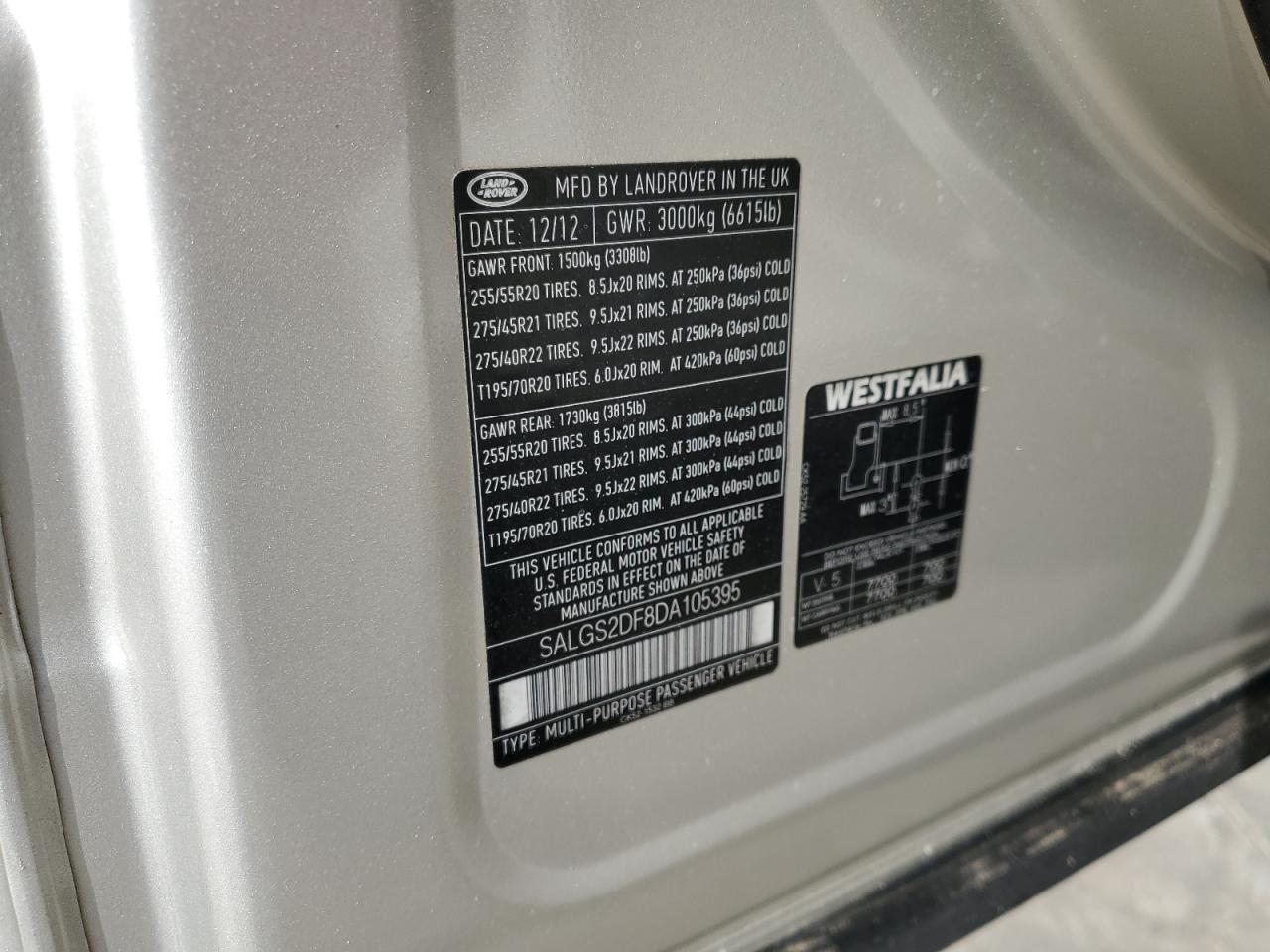 2013 Land Rover Range Rover Hse VIN: SALGS2DF8DA105395 Lot: 75342264