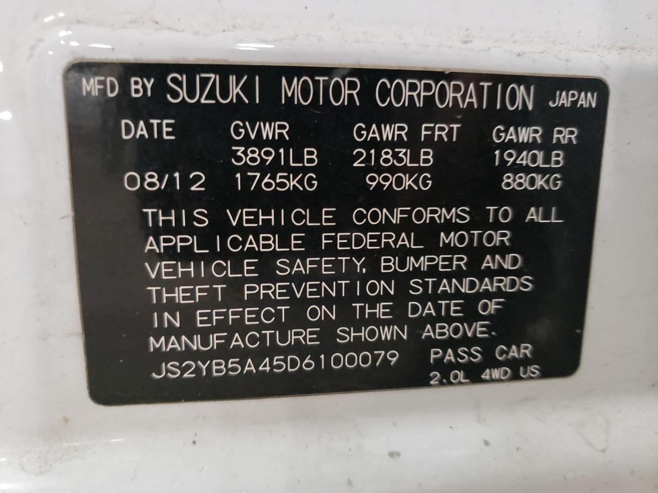 JS2YB5A45D6100079 2013 Suzuki Sx4 Technology