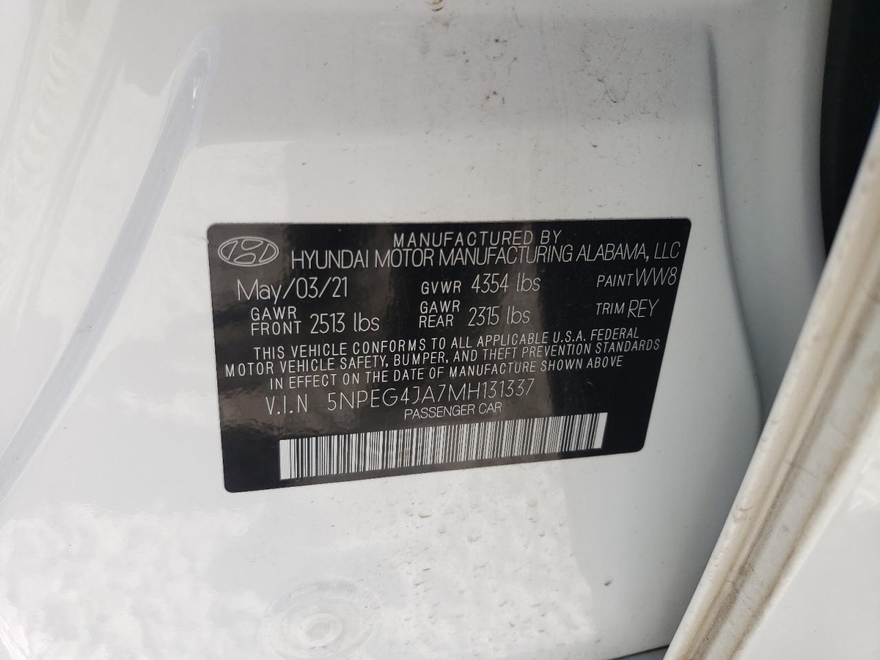 2021 Hyundai Sonata Se VIN: 5NPEG4JA7MH131337 Lot: 73238764