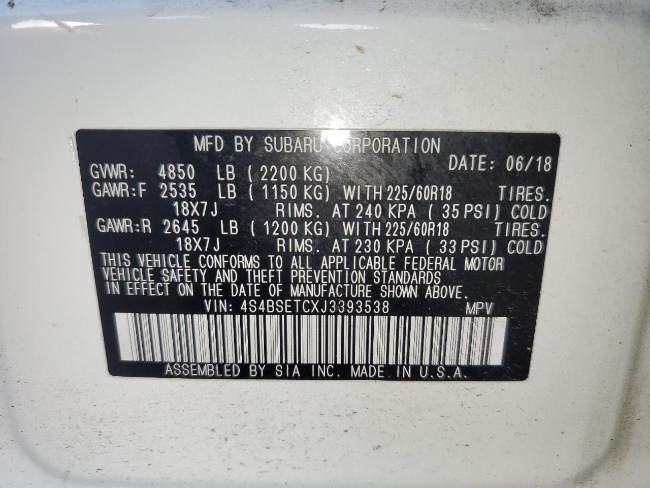 2018 Subaru Outback Touring VIN: 4S4BSETCXJ3393538 Lot: 77403634