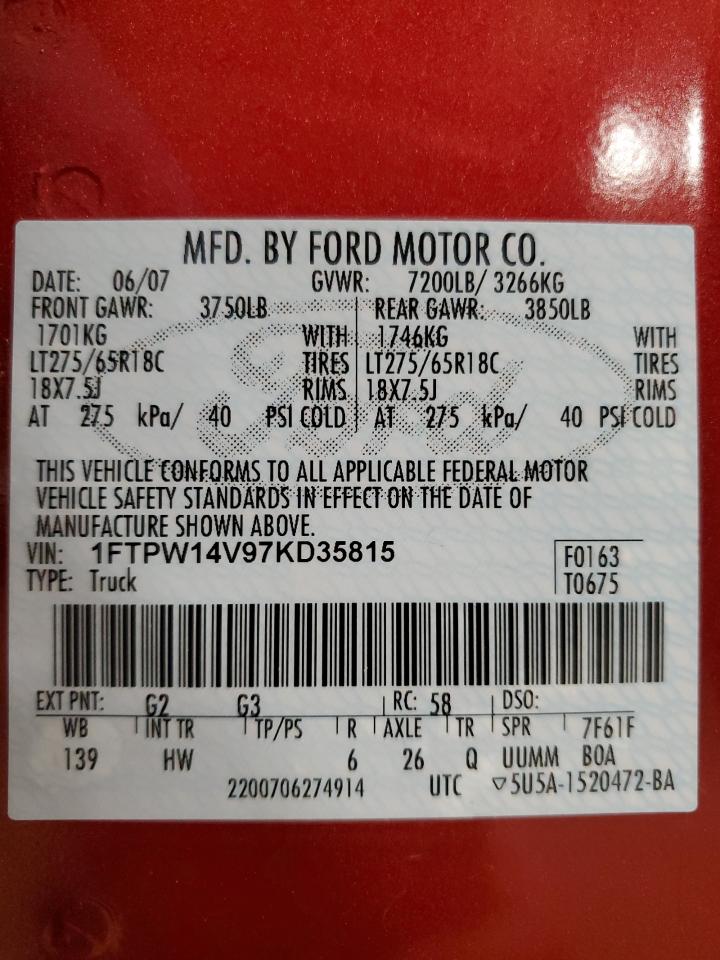 1FTPW14V97KD35815 2007 Ford F150 Supercrew