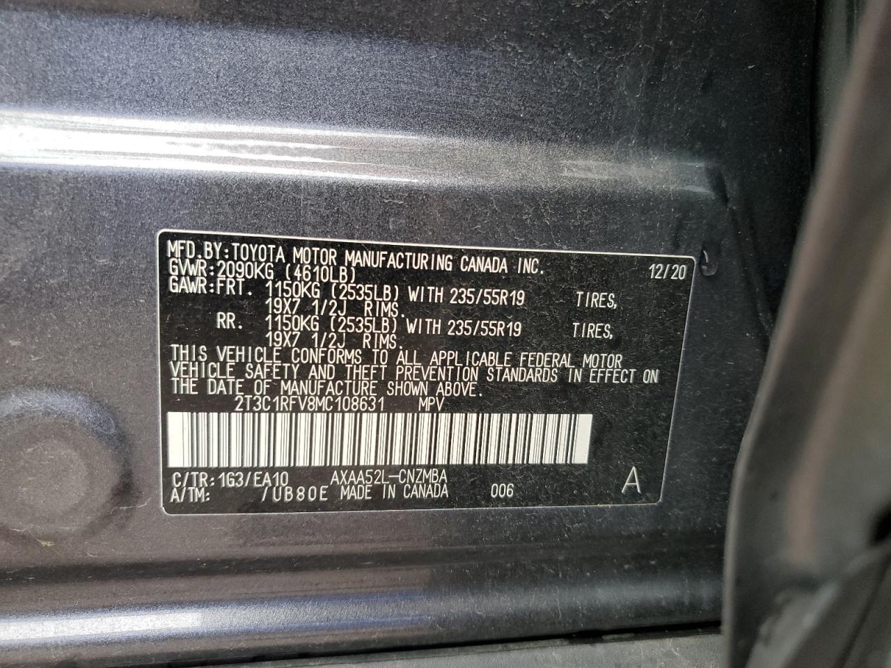 2T3C1RFV8MC108631 2021 Toyota Rav4 Xle Premium