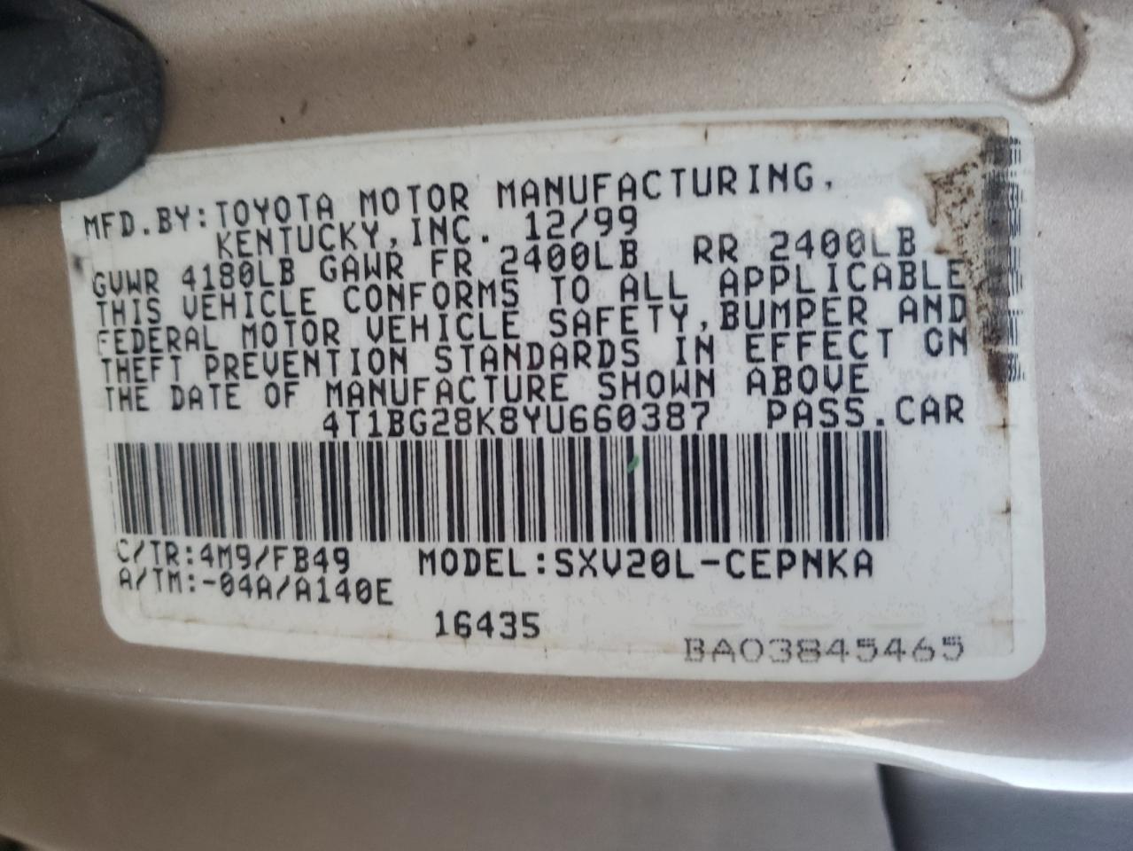 4T1BG28K8YU660387 2000 Toyota Camry Ce