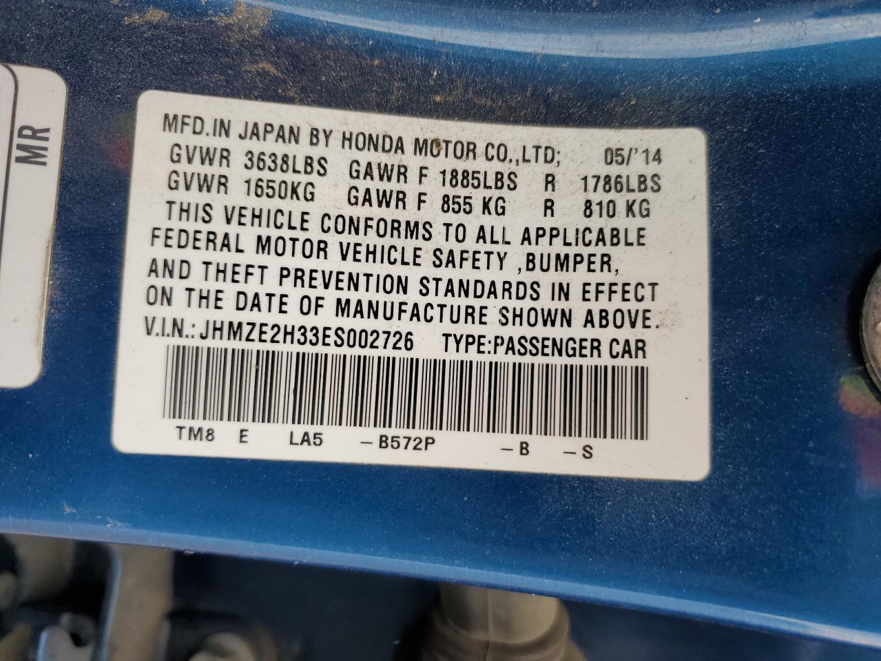 JHMZE2H33ES002726 2014 Honda Insight